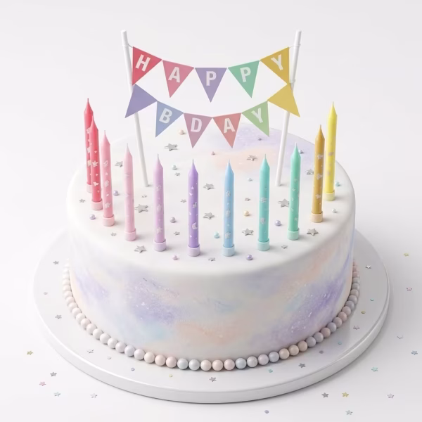 Set 12 Lumânări Tort Pastelate Set complet pentru decorarea tortului format dintr-un banner cu stegulete Happy Birthday si 12 lumanari in nuante pastelate asezate pe un tort festiv.