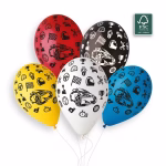 set 14 baloane color masinute cars 30 cm Buchet de baloane din latex colorate (rosu, negru, galben, alb, albastru) imprimate cu masina de curse si accesorii auto pentru petreceri de baieti.