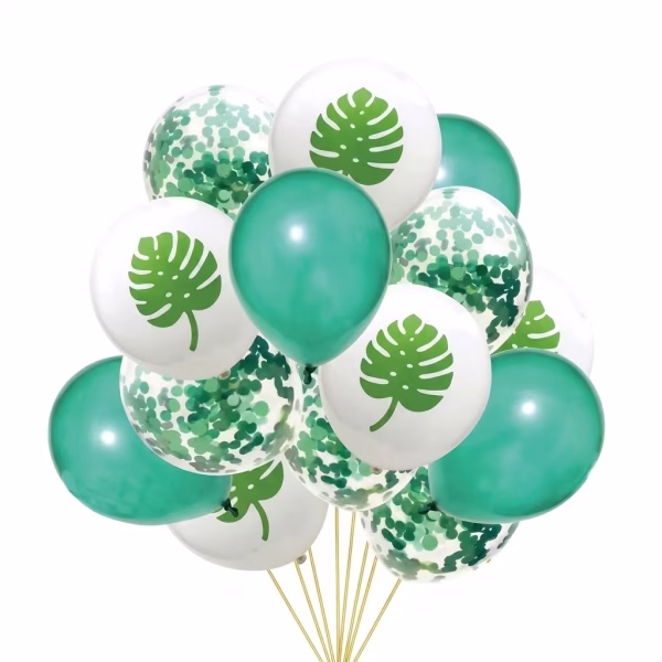 set 14 baloane latex frunze Buchet din 14 baloane din latex pentru petreceri tematice, incluzand baloane albe imprimate cu frunze de monstera, baloane transparente cu confetti verzi si baloane verzi simple.