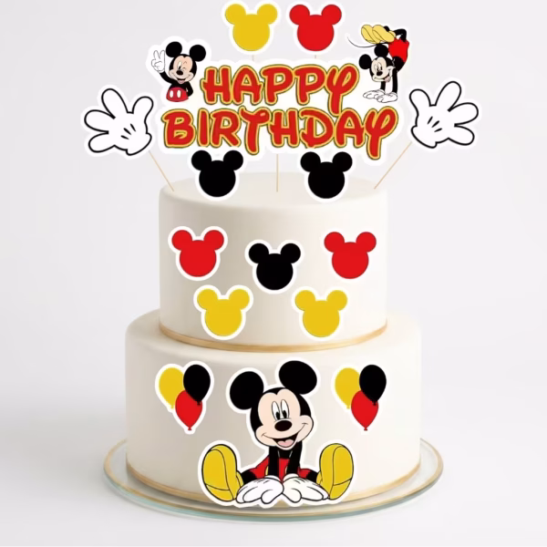 set 15 toppere tort mickey mouse Set 15 toppere tort Mickey Mouse aplicate pe un tort etajat alb cu mesajul Happy Birthday manusi si siluete