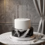 Lumanari lungi si subtiri argintii de 17 cm asezate elegant pe un tort etajat decorat in negru si alb cu pietre pretioase.