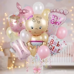 set 17 baloane botez fetita Buchet festiv impresionant pentru botezul unei fetite, format din 5 baloane din folie (bebelus, bebelus in fasa, talpa It's a Girl, biberon, inima) si 12 baloane din latex in nuante de roz, alb si bej.