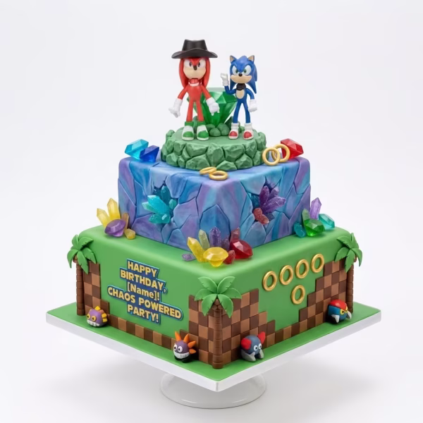 Set 2 Figurine Topper Tort Sonic și Knuckles Set de 2 figurine 3D din plastic necasant pentru topper tort, reprezentând personajele Sonic și Knuckles, așezate pe un tort tematic inspirat din jocul video.