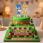 Set 2 Figurine Topper Tort Sonic și Tails Set de 2 figurine 3D din plastic necasant pentru topper tort, reprezentând personajele Sonic și Tails, așezate pe un tort tematic inspirat din jocul video.