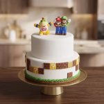 Set 2 figurine topper tort din silicon necasant, incluzând micul dragon și duo-ul Mario și Luigi.