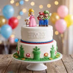 Set 2 figurine 3D pentru tort din silicon, cu Prințesa Roz și duo-ul Mario și Luigi, pe un tort etajat alb.
