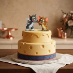Set 2 figurine individuale 3D cu Tom și Jerry pentru decor tort aniversar, așezate pe torturi etajate.