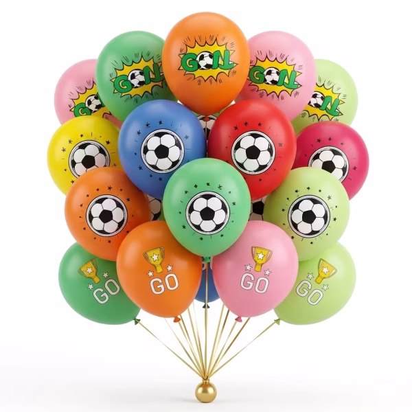 set 20 baloane latex fotbal 30 cm Buchet format din baloane din latex multicolore cu tematica fotbal, imprimate cu minge clasica, mesajul GOAL si trofeu auriu.