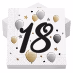 set 20 servetele happy birthday 18 ani 33x33cm Pachet de servetele de hartie albe pentru petrecerea de majorat, imprimate central cu cifra 18 de culoare neagra, alaturi de baloane si stelute aurii, argintii si negre.