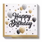 set 20 servetele happy birthday milestone 33x33cm Pachet de servetele de hartie pentru petrecere, imprimate central cu textul Happy Birthday cu litere negre, inconjurat de baloane si stelute in nuante de auriu, argintiu si negru.