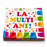 Set 20 Servetele La Multi Ani Rosu 33x33 cm Pachet de 20 servetele din hartie cu fundal alb chenar in culori vii si mesajul La Multi Ani imprimat central cu accente de rosu.