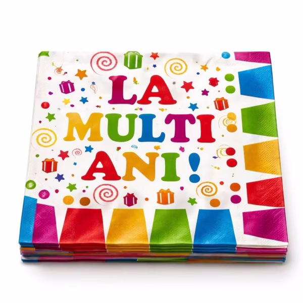 Set 20 Servetele La Multi Ani Rosu 33x33 cm Pachet de 20 servetele din hartie cu fundal alb chenar in culori vii si mesajul La Multi Ani imprimat central cu accente de rosu.