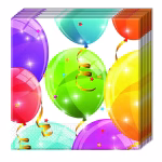Set 20 Servetele Party Sparkling Balloons 33x33cm Pachet de servetele de hartie pentru petrecere, decorate cu baloane colorate, stelute stralucitoare si panglici aurii pe fundal alb.