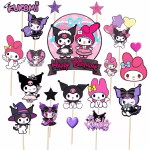 Set 21 Toppere Tort Sanrio Kuromi Set complet de 21 toppere tort din carton cu personajele Sanrio Kuromi și My Melody, incluzând un mesaj Happy Birthday, steluțe și inimioare.