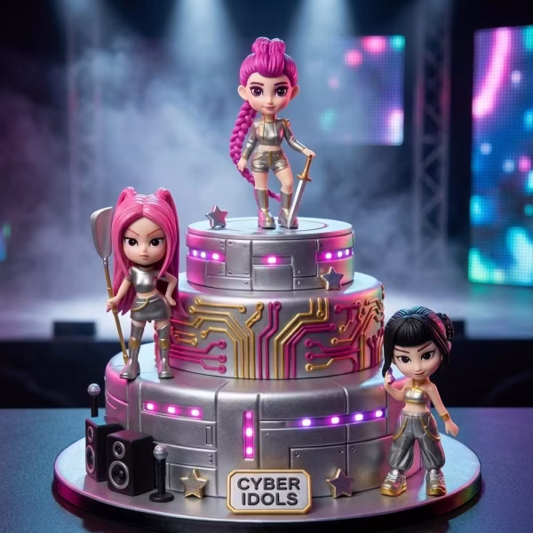 Set 3 Figurine Topper Tort K-Pop Demon Huntrix Set de 3 figurine 3D din plastic necasant pentru topper tort, reprezentând fete dintr-o trupă K-Pop cu ținute futuriste argintii, așezate pe un tort tematic cu lumini de scenă.