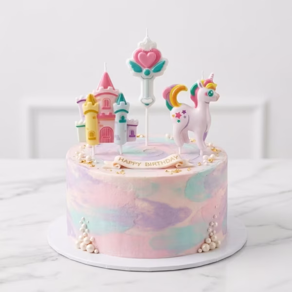 Set 3 Lumanari Tort Unicorn Castel Bagheta Lumanari de tort in forma de unicorn castel si bagheta magica asezate pe un tort pastelat festiv decorat elegant.