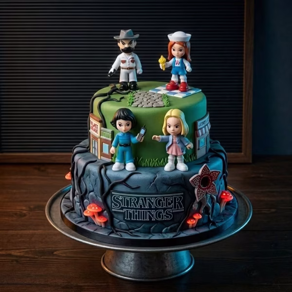 Set 4 Figurine Topper Tort Stranger Things Set de 4 figurine 3D din plastic necasant pentru topper tort, inspirate din serialul Stranger Things, așezate pe un tort etajat tematic cu elemente din The Upside Down.