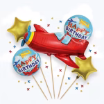 set 5 baloane folie avion Buchet din 5 baloane din folie metalizata pentru petreceri, incluzand un avion rosu gigant, doua stele aurii si doua baloane rotunde albastre cu mesajul Happy Birthday.