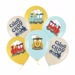 set 6 baloane tren 30 cm Set format din 6 baloane din latex in culorile galben, bleu si crem, imprimate cu locomotive colorate si textul Choo Choo pentru petreceri de copii.
