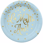 Set 6 Farfurii Carton La Multi Ani Bleu 18 cm Farfurie rotunda din carton bleu pentru petrecere decorata cu buline din folie aurie si mesajul caligrafic La Multi Ani.