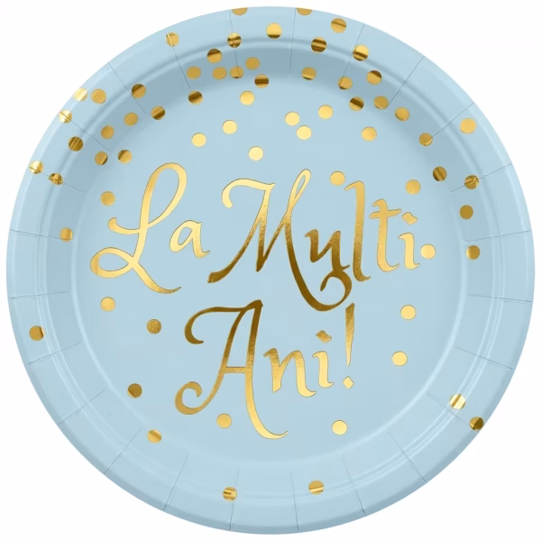 Set 6 Farfurii Carton La Multi Ani Bleu 18 cm Farfurie rotunda din carton bleu pentru petrecere decorata cu buline din folie aurie si mesajul caligrafic La Multi Ani.