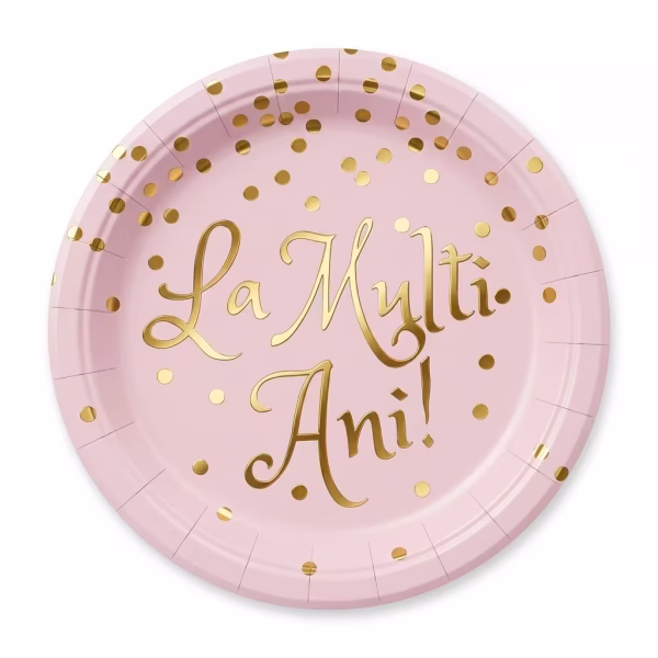 Set 6 Farfurii Carton La Multi Ani Roz 18 cm Farfurie rotunda din carton roz pentru petrecere decorata cu buline din folie aurie si mesajul caligrafic La Multi Ani.