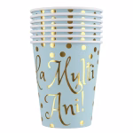 Set 6 Pahare Carton La Multi Ani Bleu 200 ml Set de 6 pahare din carton bleu pentru petrecere decorate cu buline din folie aurie si mesajul caligrafic La Multi Ani.