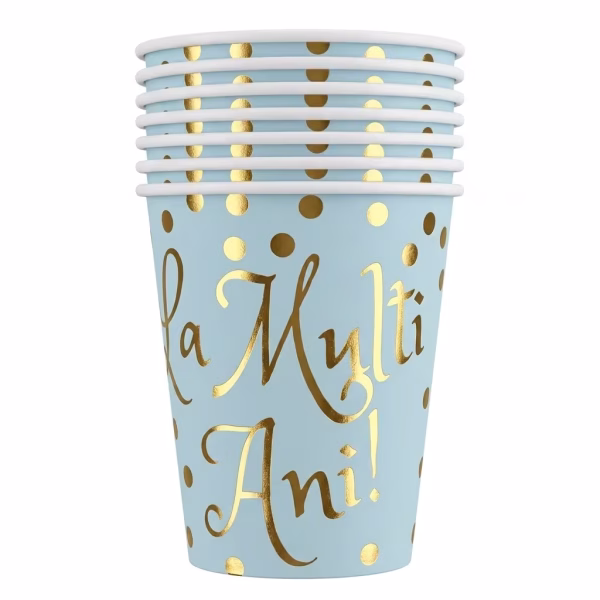 Set 6 Pahare Carton La Multi Ani Bleu 200 ml Set de 6 pahare din carton bleu pentru petrecere decorate cu buline din folie aurie si mesajul caligrafic La Multi Ani.