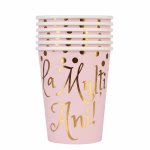 Set 6 Pahare Carton La Multi Ani Roz 200 ml Set de 6 pahare din carton roz pentru petrecere decorate cu buline din folie aurie si mesajul caligrafic La Multi Ani.