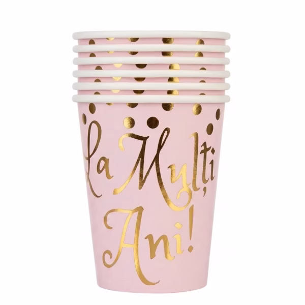 Set 6 Pahare Carton La Multi Ani Roz 200 ml Set de 6 pahare din carton roz pentru petrecere decorate cu buline din folie aurie si mesajul caligrafic La Multi Ani.