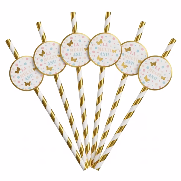 Set 6 Paie Carton La Multi Ani 20 cm Set de 6 paie din carton cu dungi albe si aurii decorate cu un medalion rotund cu buline pastel fluturi aurii si mesajul La Multi Ani.