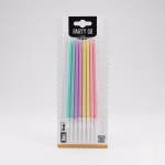 Ambalaj original Party Go continand 8 lumanari lungi pastelate de 19 centimetri prevazute cu suporturi de fixare.