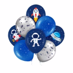 Set 8 Baloane Spatiu Kosmos, Latex, 30 cm Set de 8 baloane din latex cu tematica spatiu, incluzand baloane albastre cu astronauti si rachete si baloane argintii cu cratere lunare.