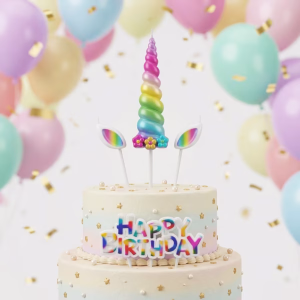 Set Lumanari Tort Unicorn si Placuta Happy Birthday Set de lumanari pentru tort formand un unicorn, cu corn colorat, doua urechi si o placuta Happy Birthday asezate pe un tort etajat de petrecere.