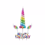 Detaliu cu elementele setului de lumanari unicorn pe fundal alb, incluzand cornul in culorile curcubeului, doua urechi si placuta din plastic cu mesajul Happy Birthday.