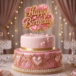 Topper Tort Happy Birthday Elegant Roz t501 Mockup cu topper de tort Happy Birthday elegant roz cu auriu așezat pe un tort etajat decorat cu perle, flori și inimi tridimensionale.