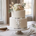 Topper Tort LOVE Acril Argintiu Oglindă Topper de tort cu textul LOVE suprapus, realizat din acril argintiu premium cu efect de oglindă, aplicat pe fațada unui tort de nuntă alb cu flori naturale.