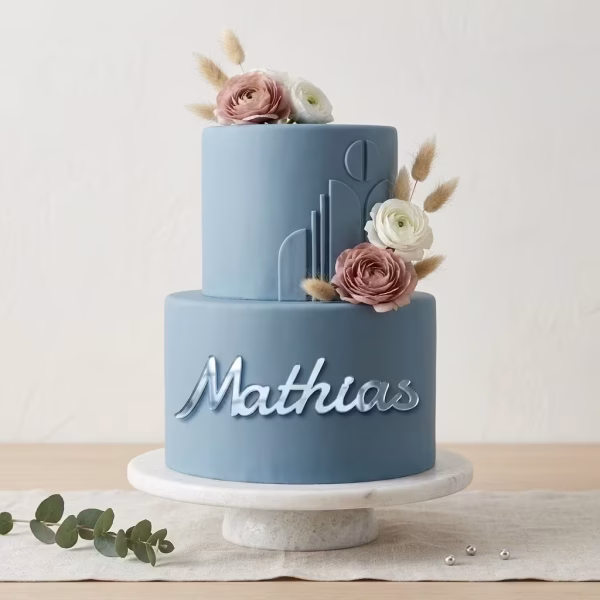 Topper Tort Nume Personalizat Argintiu Topper de tort reprezentând un nume personalizat (Mathias) realizat din acril argintiu tip oglindă, aplicat elegant pe fațada unui tort albastru pastelat decorat cu flori.