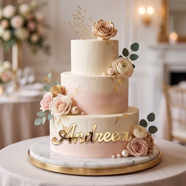 Topper Tort Nume Personalizat Auriu Topper de tort reprezentând un nume personalizat (Andreea) realizat din acril auriu tip oglindă, aplicat elegant pe fațada unui tort etajat alb-roz, decorat cu flori și foiță de aur.