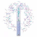 Tun Confetti Iridiscente 40 cm Tun de confetti actionat cu aer comprimat avand dimensiunea de 40 cm cu sectiune superioara transparenta care lanseaza fasii de hartie metalizata iridiscenta.