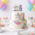 Lumanare Tort Unicorn Cifra 8 My 8th Birthday Tort aniversar elegant decorat cu trandafiri din crema pastelata si o lumanare tematica unicorn cifra 8 asezata in varf.