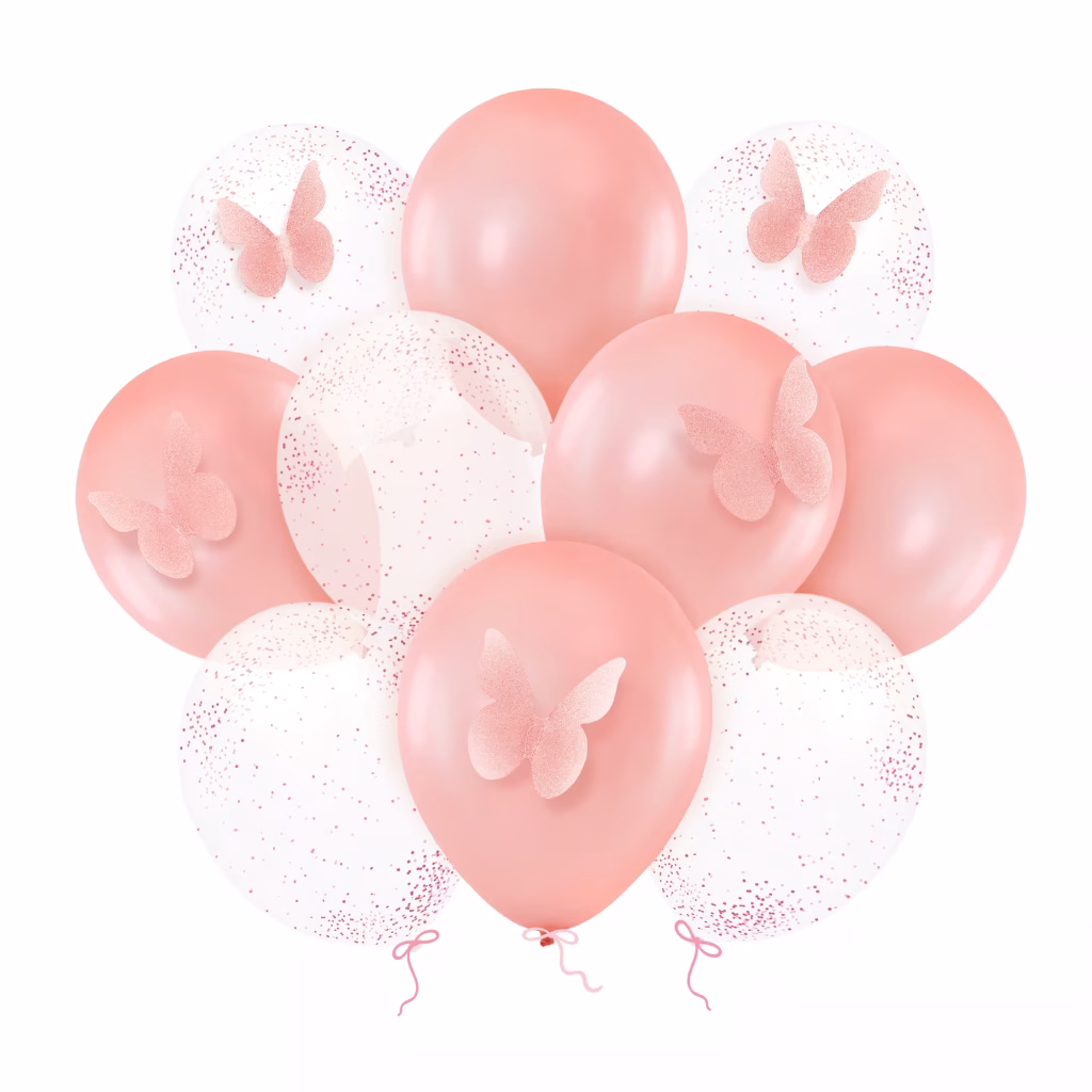 Baloane Cu Fluturi Si Confetti Auriu Roz 30cm 10 Buc Buchet de baloane rose gold si transparente cu confetti auriu roz decorate cu fluturi 3D din carton glitter