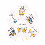 Set 6 Baloane Multicolore Happy Birthday 30cm Set de sase baloane albe cu imprimeuri pastelate multicolore reprezentand tort cadouri si briosa pentru petreceri aniversare