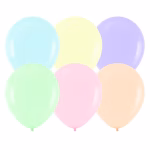 Set 50 Baloane Latex Pastelate Mix 27 cm Set de baloane din latex in culori pastelate delicate de albastru deschis galben pai lila verde menta roz si piersica prezentate pe fundal alb.
