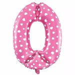 Balon din folie cifra 0 roz cu inimioare albe perfect pentru formarea numerelor formate din doua cifre