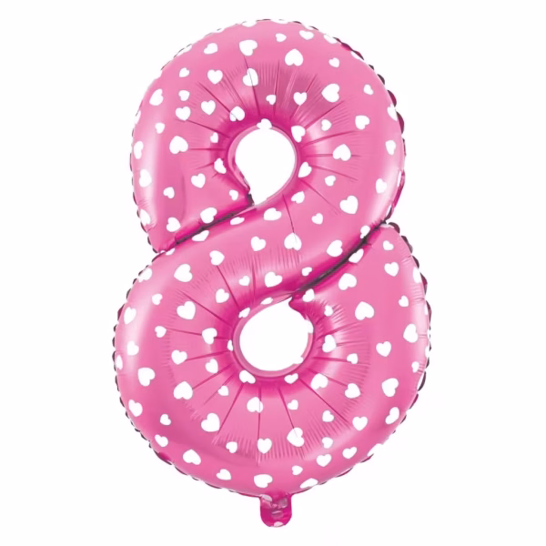 Balon din folie cifra 8 roz cu inimioare albe usor de umflat cu paiul inclus