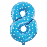 Balon din folie cifra 8 albastru cu stele albe usor de umflat cu paiul inclus