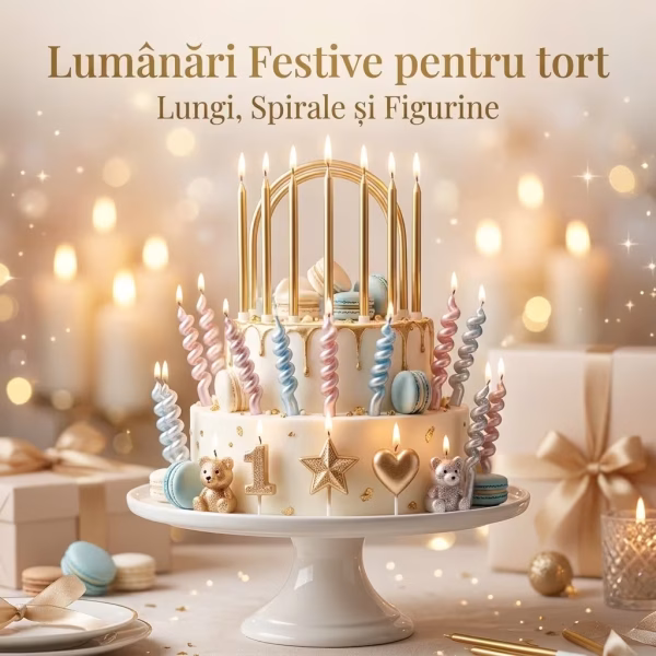 Un tort de aniversare alb pe un suport, bogat decorat cu o varietate de lumânări festive aprinse: lungi aurii, spirale colorate și figurine tematice (urs, stea, inimă).