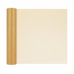 Rola Tul Auriu Cu Sclipici 30cm x 9m Rola de tul auriu cu sclipici desfacuta partial pentru a arata textura pretioasa si latimea generoasa pe un fundal alb