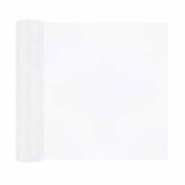 Rola Tul Iridescent Cu Sclipici 30cm x 9m Rola de tul iridescent cu sclipici desfacuta partial pentru a arata textura pretioasa si latimea generoasa pe un fundal alb